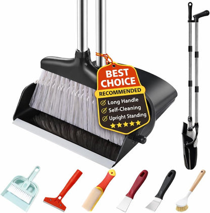 Broom and Dustpan Set with Long Handle, Upright Standing Self-Cleaning Combo, Windproof Dustpan with 6 Bonus Cleaning Tools for Pet Hair, Home, Kitchen, Garage & Apartment