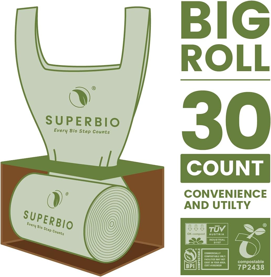 SUPERBIO 13 Gallon Compostable Kitchen Waste Bags with Handles, Food Scrap Bags Certified by BPI, OK compost INDUSTRIAL, 30 Count, 49.2L