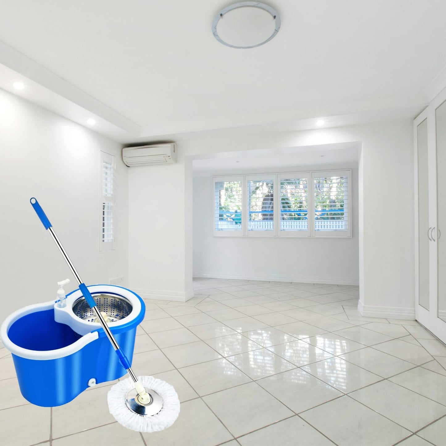 Spin Mop and Bucket with Wringer Set,for Floor Cleaning,with Floor Scrub Brush,61" Adjustable Handle and 6 Microfiber Mop Head(White)