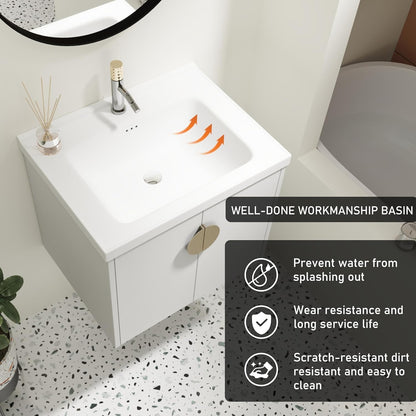 SSLine Modern 24-Inch Bathroom Vanity with Sink Wall Mounted Bathroom Vanity with Top Basin & Storage Cabinet White Wood Floating Vanity w/Ceramic Sink & Gold/Black Handles for Small Space