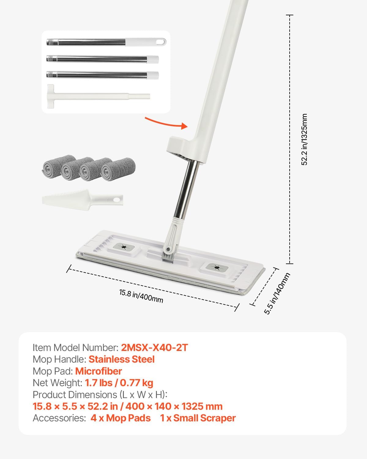 VEVOR Mop and Bucket with Wringer Set, Wet & Dry Use, Flat Mop and Bucket System with 3 Washable Microfiber Pads, Flat Mop with Stainless Steel Handle, Mop Bucket Set for Hardwood Tile Vinyl