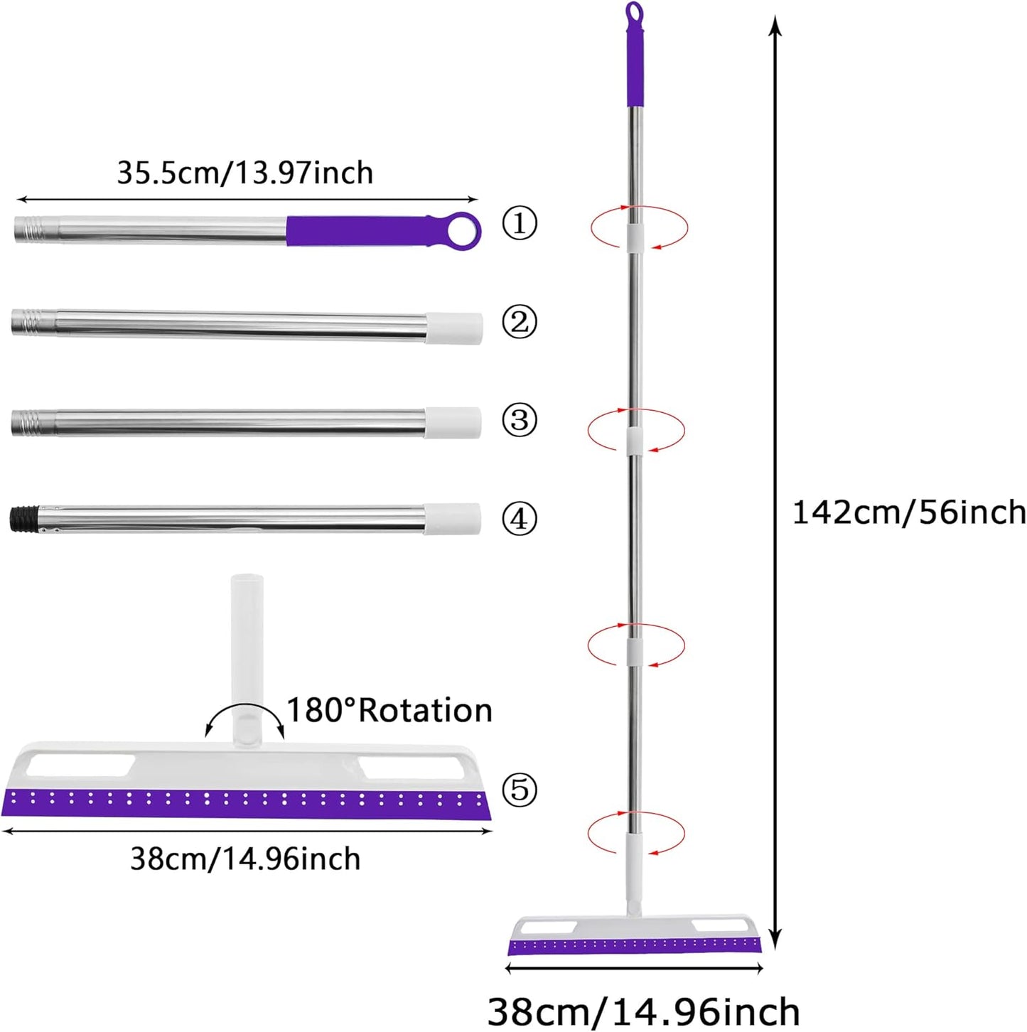 Multifunction Rubber Air Broom, Silicone Floor Squeegee with 56" Long Handle, Rubber Sweeper, Air Broom for Floor Bathroom Kitchen Shower Tile Pet Hair Fur Marble Glass Water Window Foam Clean (Grey)