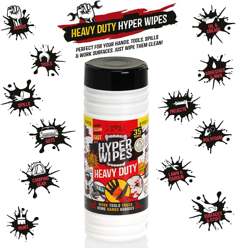 Hyper Wipes, 1 Pack Heavy Duty Hand & Tool Cleaning Wipes, 7"x12" Size Multi-Surface Cleaning Wipes, Degreasing, All Purpose Cleaner, Bathroom, Mechanic, Work Surface Wipes, 35 Count Canister