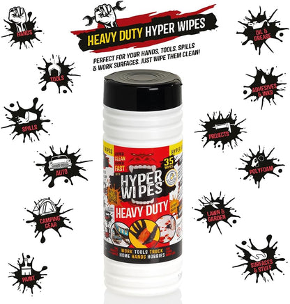 Hyper Wipes, 1 Pack Heavy Duty Hand & Tool Cleaning Wipes, 7"x12" Size Multi-Surface Cleaning Wipes, Degreasing, All Purpose Cleaner, Bathroom, Mechanic, Work Surface Wipes, 35 Count Canister