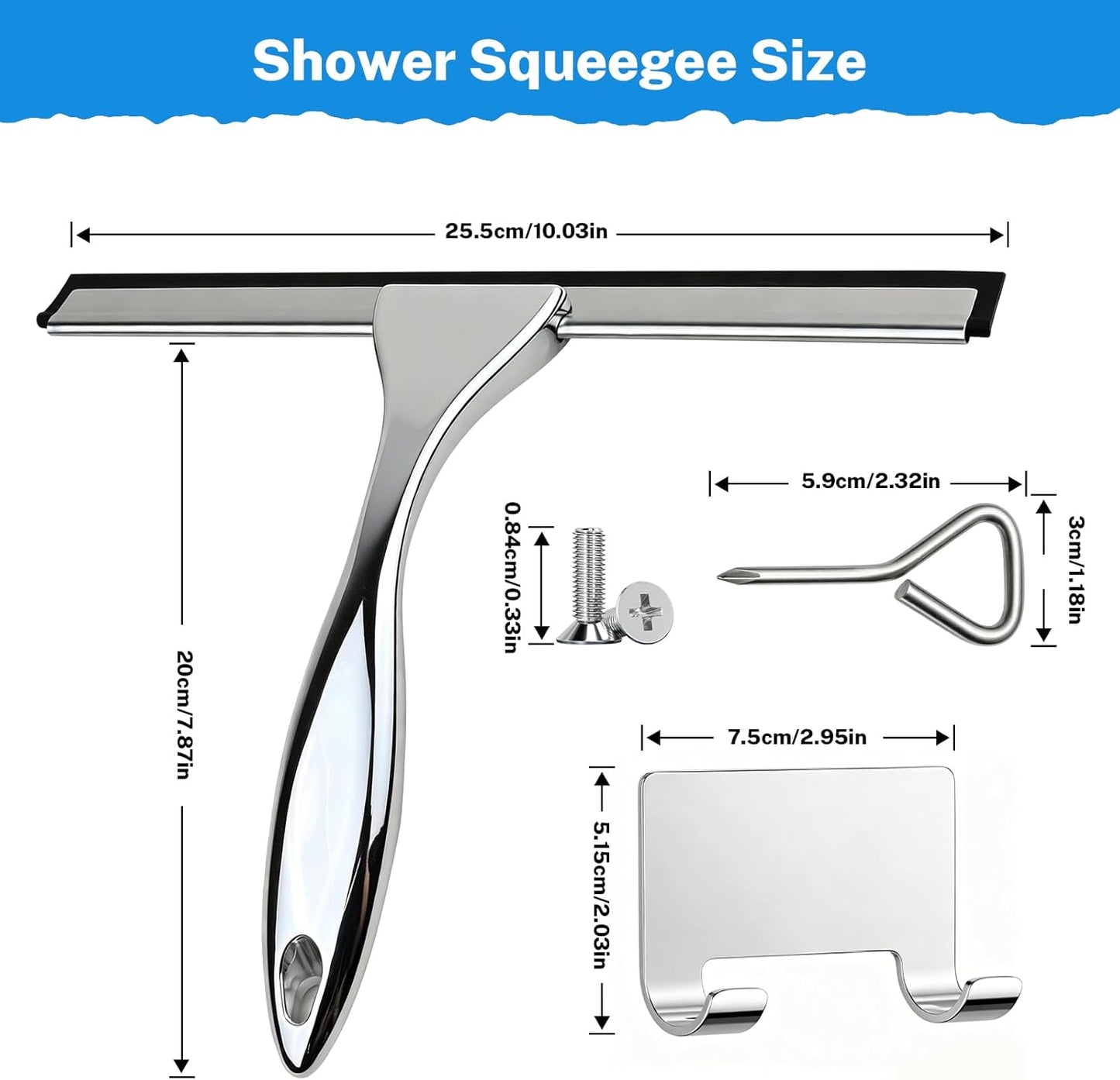 All-Purpose Stainless Steel Squeegee, 10 Inch Silver Shower Squeegee with 1 Adhesive Hooks, Streak-Free Silicone Blade for Shower Door, Window, Car, Tile Wall, Bathroom Household Cleaning Tool