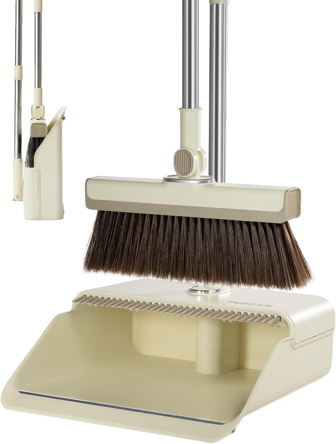 INDCAN Broom and Dustpan Set for Home, 54 Inch Long Handle Upright Broom, Rotatable Broom Head with Magnetic Mount & Self-Cleaning Teeth Comb, Indoor Floor Sweeping Set (Santra Pro) - Sandstone Beige
