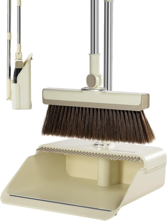 INDCAN Broom and Dustpan Set for Home, 54 Inch Long Handle Upright Broom, Rotatable Broom Head with Magnetic Mount & Self-Cleaning Teeth Comb, Indoor Floor Sweeping Set (Santra Pro) - Sandstone Beige