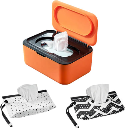 Wipe Dispenser White,Reusable Flushable Wipe Holder Set with 2Pcs Refillable Portable Wipe Bag for Baby Adult Bathroom,Wipe Container with Lids Keeps Wipes Fresh,Baby Shower New Mom Gifts