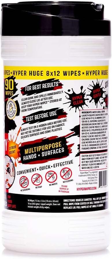 Hyper Wipes, 1 Pack Heavy Duty Hand & Tool Cleaning Wipes, 7"x12" Size Multi-Surface Cleaning Wipes, Degreasing, All Purpose Cleaner, Bathroom, Mechanic, Work Surface Wipes, 35 Count Canister