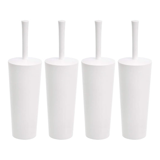 Amazon Basics Toilet Brush and Holder Set, Heavy-Duty Bristle Scrub Brushes with Non-Slip Handle, White, 4-Pack