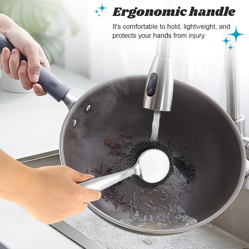 5Pcs Stainless Steel Wool Scrubber Sets, with Long & Short Handle & 3Pcs Detachable Pads, Metal Pot Scrubbers for Cleaning Dishes Iron Pots Stoves