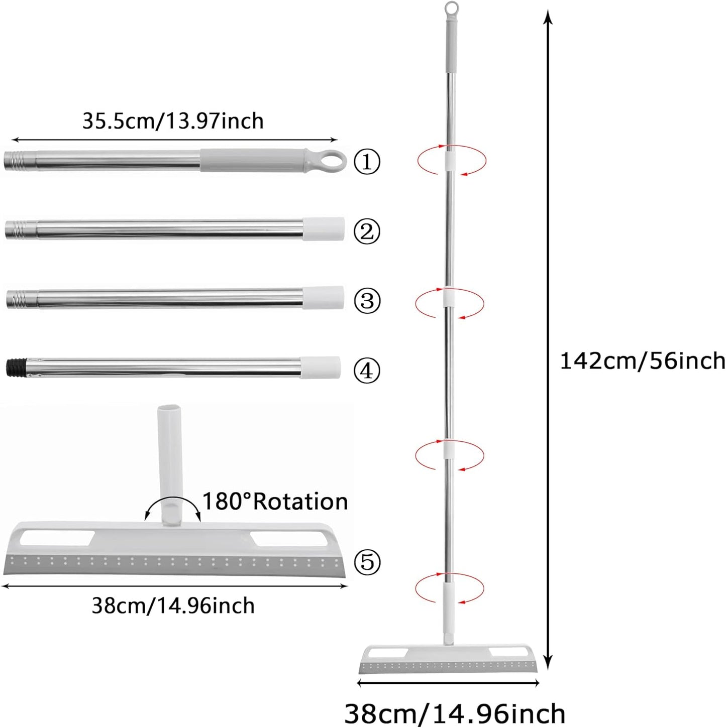 Multifunction Rubber Air Broom, Silicone Floor Squeegee with 56" Long Handle, Rubber Sweeper, Air Broom for Floor Bathroom Kitchen Shower Tile Pet Hair Fur Marble Glass Water Window Foam Clean (Grey)