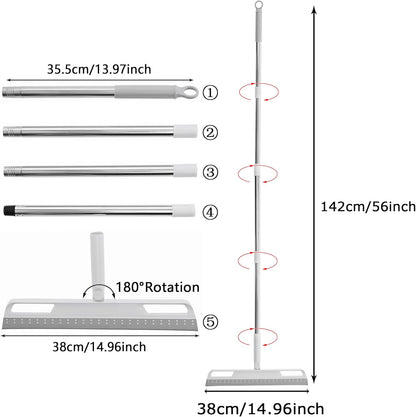 Multifunction Rubber Air Broom, Silicone Floor Squeegee with 56" Long Handle, Rubber Sweeper, Air Broom for Floor Bathroom Kitchen Shower Tile Pet Hair Fur Marble Glass Water Window Foam Clean (Grey)