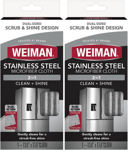 Weiman Microfiber Cloth for Stainless Steel, Safely Traps and Removes Dirt, Oil and Grime to Protect from Scratches 13.8" x 13.8" (Pack of 2)