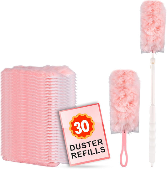 ITTAR 30 Count Duster Refill kit, Dust Cleaning Supplies with Extension Pole, Fan Feather Dusters with 2 Types Handle for Cleaning Home, Celling Fan, Blinds, Furniture, Vent & Shelves-Pink