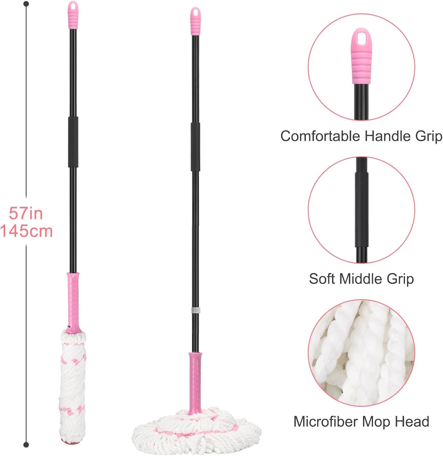 KeFanta Self-Wringing Twist Mop for Floor Cleaning, Long Handled Microfiber Floor Mop with Top Scouring Pad for Kitchen, Hardwood, Restaurant, Bathroom, Garages, Warehouses, Office,57-inch