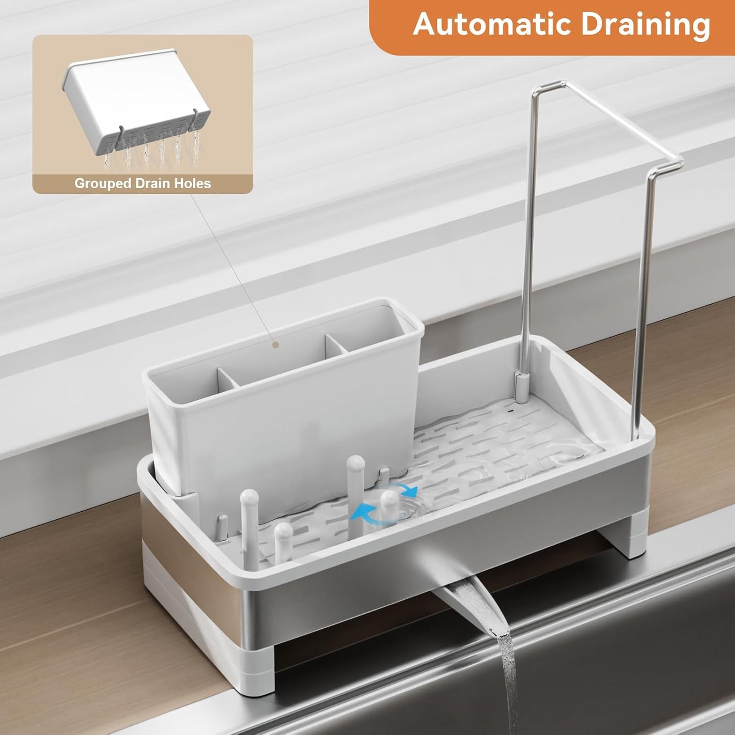 Laveshop Sponge Holder for Kitchen Sink, Rustproof Stainless Steel Sink Caddy with Auto-Drain, Removable Brush Holders, Soap and Dishcloth Organizer, Black