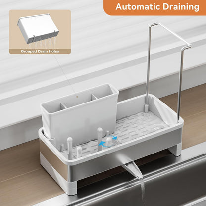 Laveshop Sponge Holder for Kitchen Sink, Rustproof Stainless Steel Sink Caddy with Auto-Drain, Removable Brush Holders, Soap and Dishcloth Organizer, Black