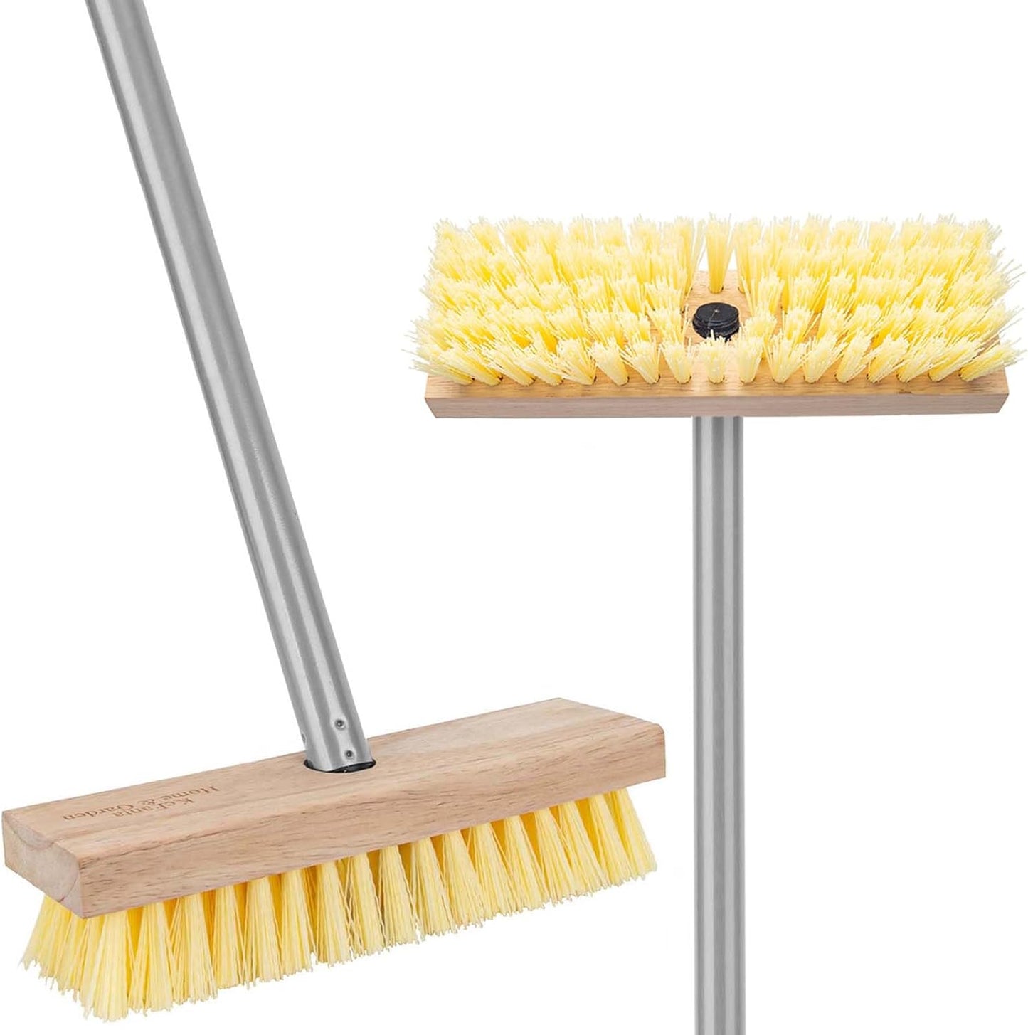 Stainless Steel Wire Scrub Brush with Long Handle for Deck, Concrete, Patio Floor Cleaning, 59'' Heavy Duty Stiff Metal Bristle Scrubber Broom for Outdoor Moss Removal