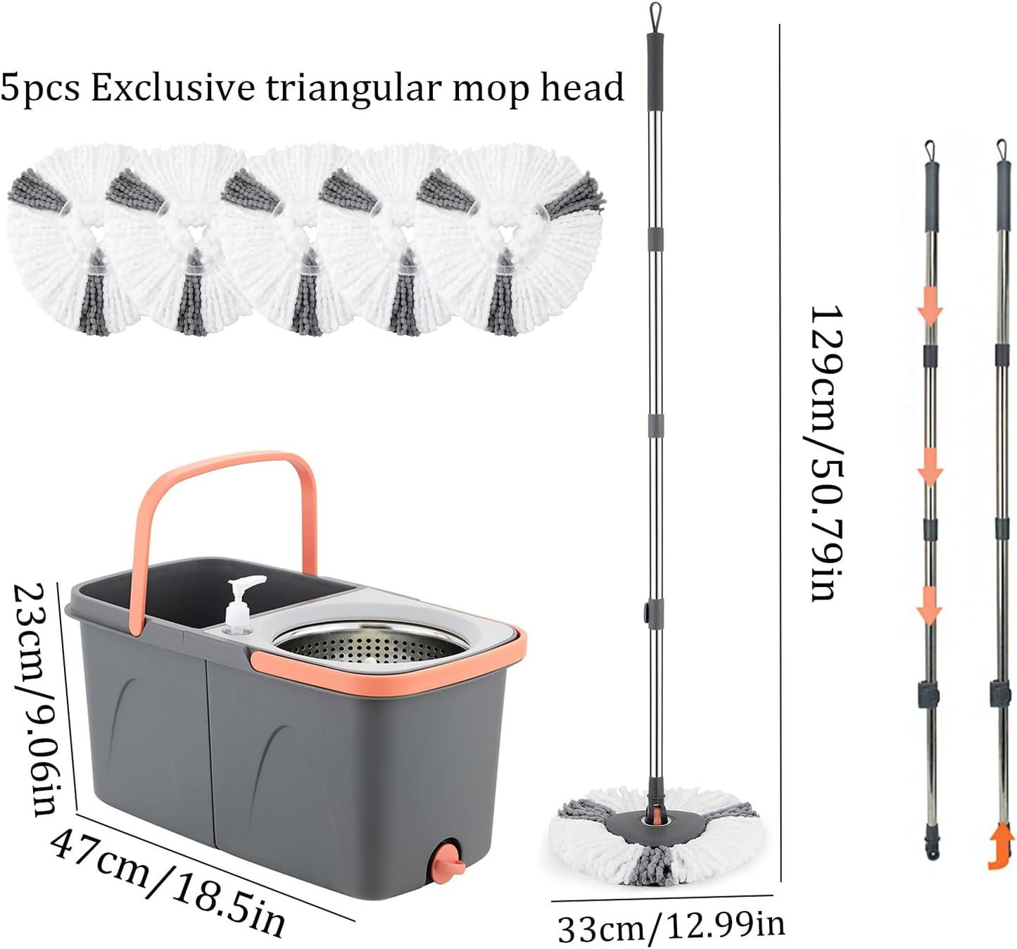 Spin Mop and Detachable Bucket Set with 5 Reusable Microfiber mop Head Dual-Chamber Water System Spining Mop Floor Cleaning Kit for Hardwood Tile Laminate Floors (Gray)