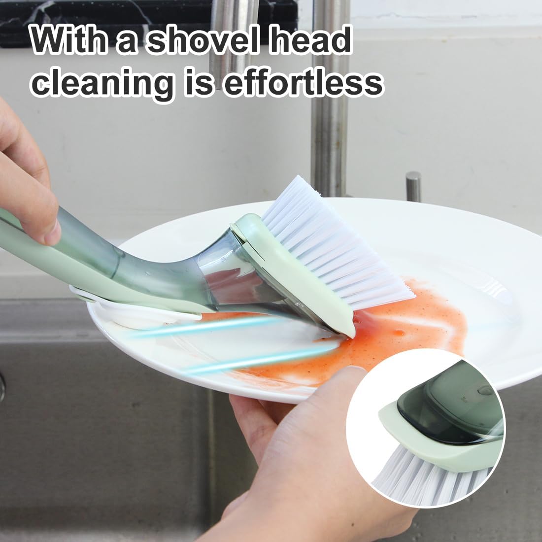 CQT Soap Dispensing Dish Brush Storage Set, Dish Scrubber with Handle, Kitchen Washing Brush for Pot Pan Sink Cleaning, Kitchen Brush with Holder and 1 Replaced Scouring Pad Head