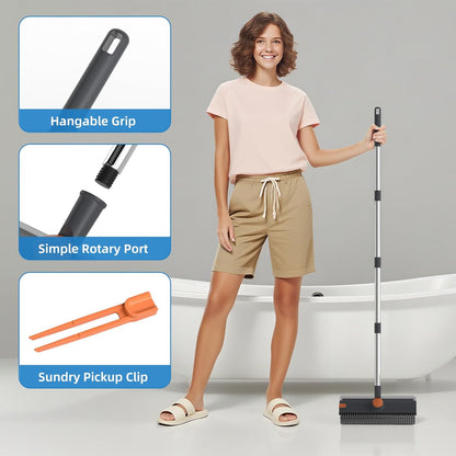 Scrub Brush with Long Handle, Floor Scrub Brush Squeegee Broom for Cleaning, 3 in 1 Shower Scrubber Floor Broom Squeegee for Concrete Tile Wall Deck Patio White