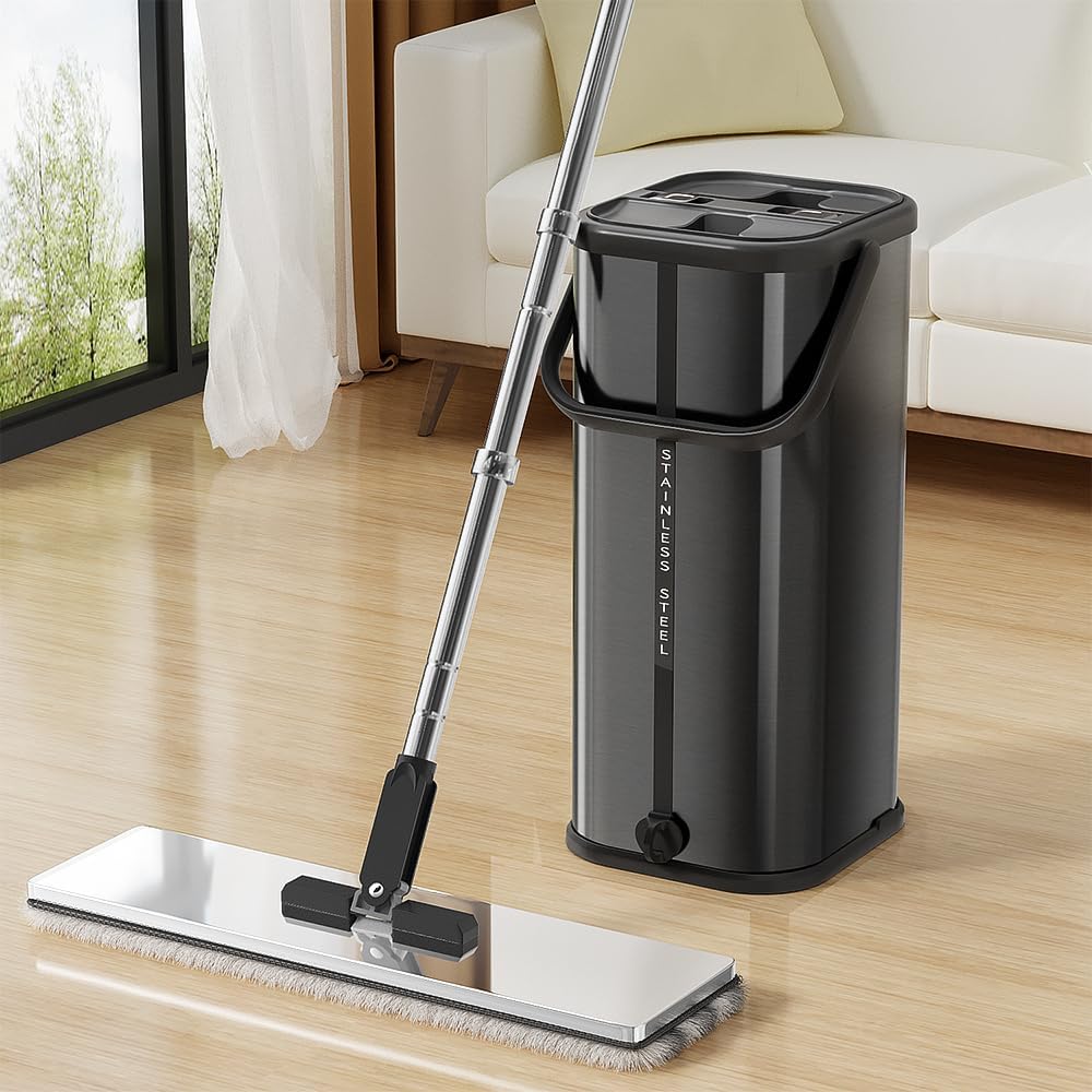 Premium Stainless Steel Microfiber Flat Mop for Floor Cleaning - 360° Pivot Head, Lightweight, Washable Pads - Includes 4 Reusable Absorbent Mop Pads (Silver)
