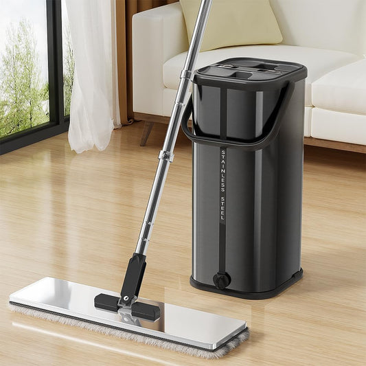 Premium Stainless Steel Microfiber Flat Mop for Floor Cleaning - 360° Pivot Head, Lightweight, Washable Pads - Includes 4 Reusable Absorbent Mop Pads (Silver)
