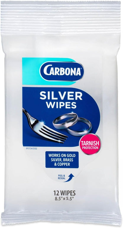 Carbona Silver Wipes | Metal Cleaner & Polish | 12 Wipes, 1 Pack