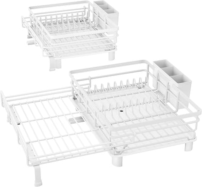 SNTD Dish Drying Rack - Extendable Dish Rack, Large Sink Drying Dish Drainer for Kitchen Counter, Stainless Steel Dish Strainer with Utensil Holder (Black)