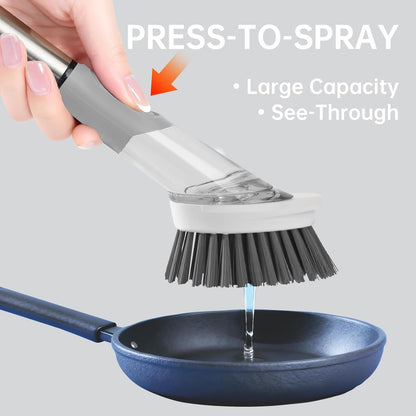 Soap Dispensing Scrub Brush - 4-in-1 Kitchen Cleaning Brush with Built-in Tank, Scraper Heads for Stubborn Grime on Pots Pans, Stand/Hang Storage-Blue
