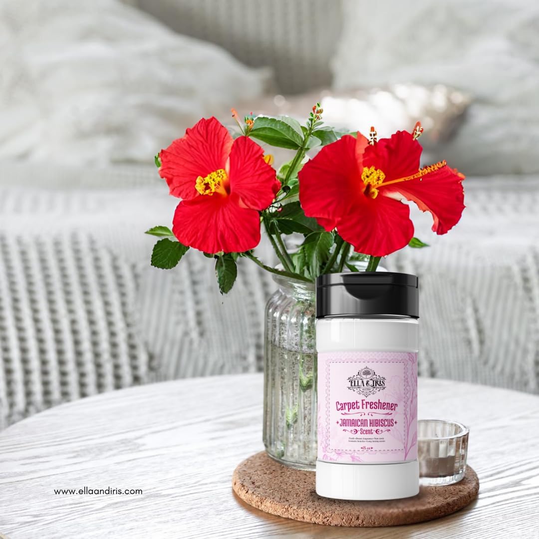 Ella & Iris Home Jamaican Hibiscus Carpet Freshener – Tropical Scent Natural Odor Eliminator & Deodorizer | Safe for Carpets, Rugs, Upholstery & Car Interiors | Made with Baking Soda