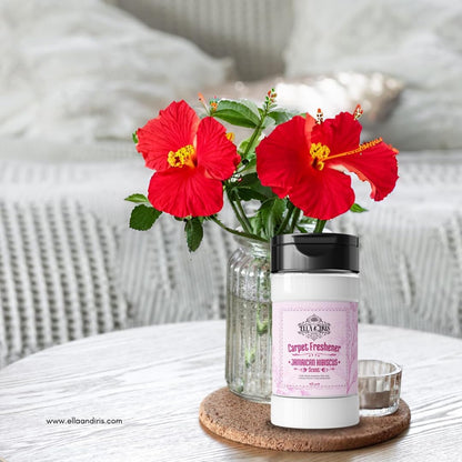 Ella & Iris Home Jamaican Hibiscus Carpet Freshener – Tropical Scent Natural Odor Eliminator & Deodorizer | Safe for Carpets, Rugs, Upholstery & Car Interiors | Made with Baking Soda