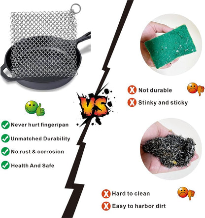 Cast Iron Cleaner - 6 Inch Stainless Steel Chain mail Scrubber for Cast Iron Pans Cleaner Chainmail Scrubber for Skillet, Wok, Pot, Dutch Ovens