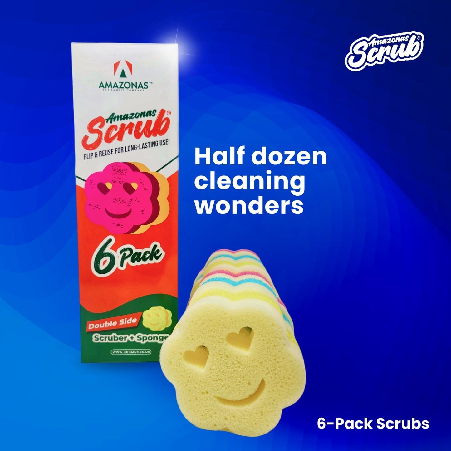 6 Double Side, Amazonas Scrub, Your New Cleaning Essential! This 6-Pack of Double-Sided Scrubber and Sponge is Designed to Simplify Your Cleaning Routine (6 Scrub sponges)