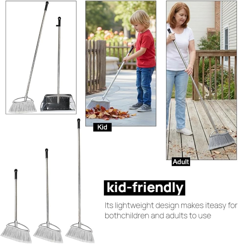 Indoor Broom and Dustpan Comb Set,Heavy Duty Stainless Steel Metal Dust Pan with Long Handle Sweeping Soft Bristles Broom for Floor Home Lobby Office