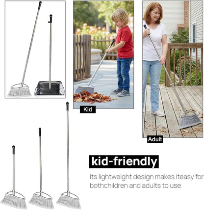 Indoor Broom and Dustpan Comb Set,Heavy Duty Stainless Steel Metal Dust Pan with Long Handle Sweeping Soft Bristles Broom for Floor Home Lobby Office