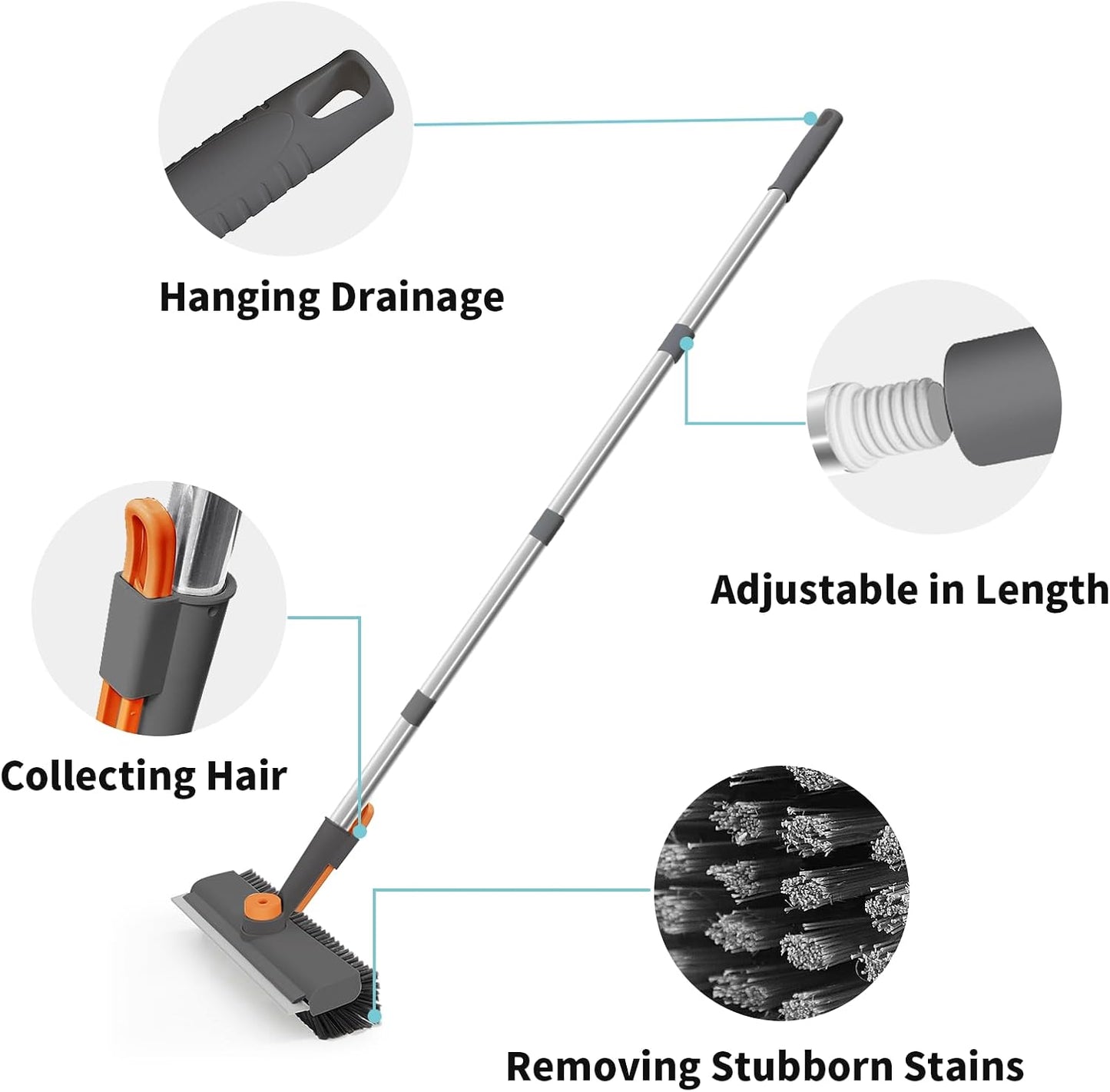 Floor Scrub Brush with Long Handle, 3 in 1 Scrape and Heavy-Duty Stiff Bristle Scrubber Brush for Cleaning Shower Bathroom, Patio, Pool, Garage, Kitchen, Wall and Deck (White, 1 Pack)