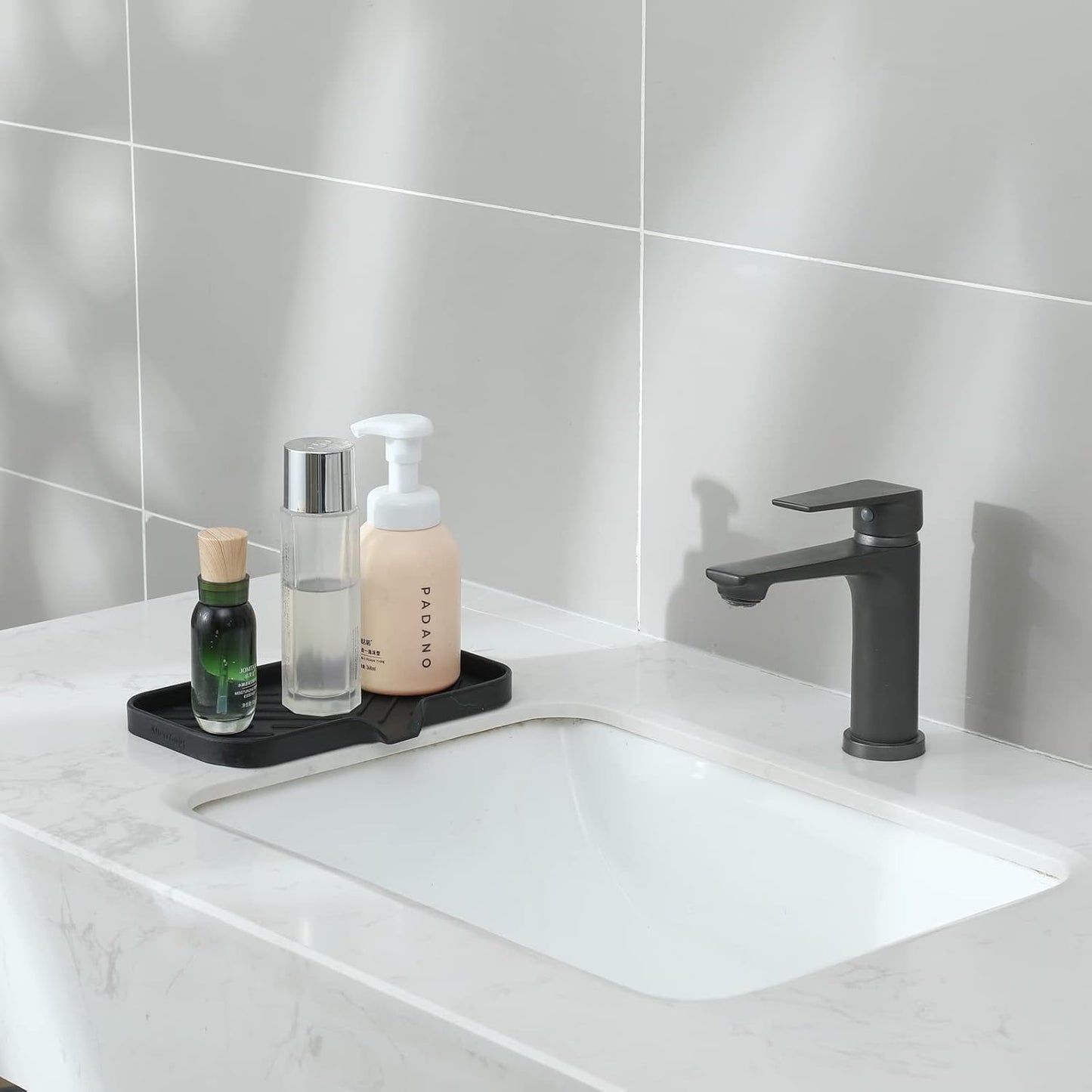 MicoYang Silicone Bathroom Soap Dishes with Drain Spout-Bathroom and Kitchen Sink Organizer,Sponge Holder,Dish Soap Tray,Perfect for Dispenser,Scrubber,Bottle,Cup on Sink or Counter-Black 4.9"×3.2"