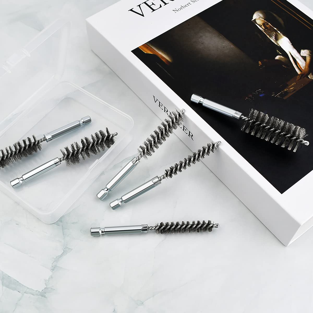 6 Pcs Stainless Steel Bore Brush Set with 1/4" Hex Shank Twisted Wire Bristles, Different Sizes (8, 10, 12, 15, 17, 19mm) for Rust and Tube Cleaning