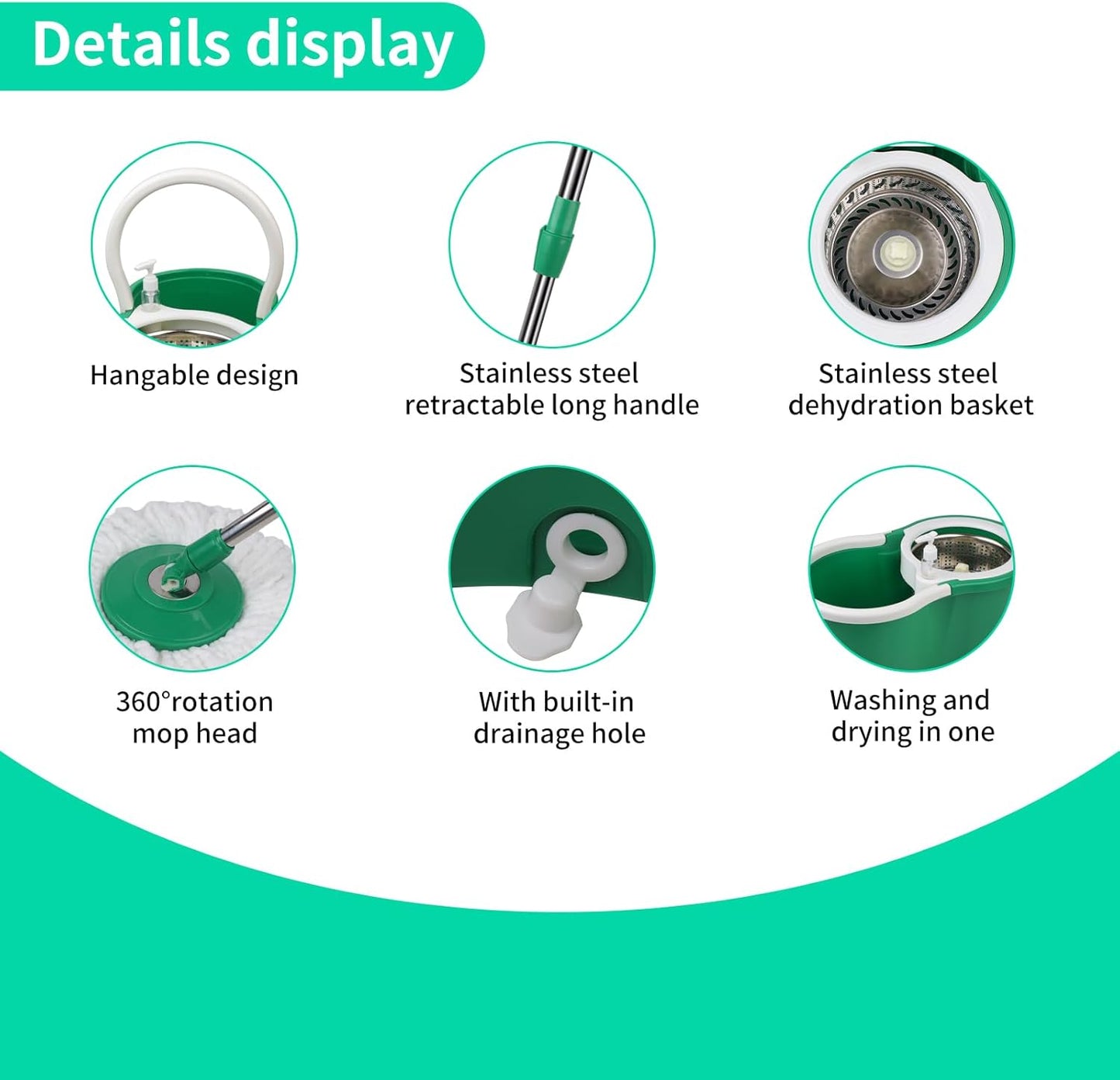 Spin Mop and Bucket with Wringer Set，Mop and Bucket Set for Floor Cleaning with 3 Mop Refills 61 inches Telescoping Rod for Office and Home use