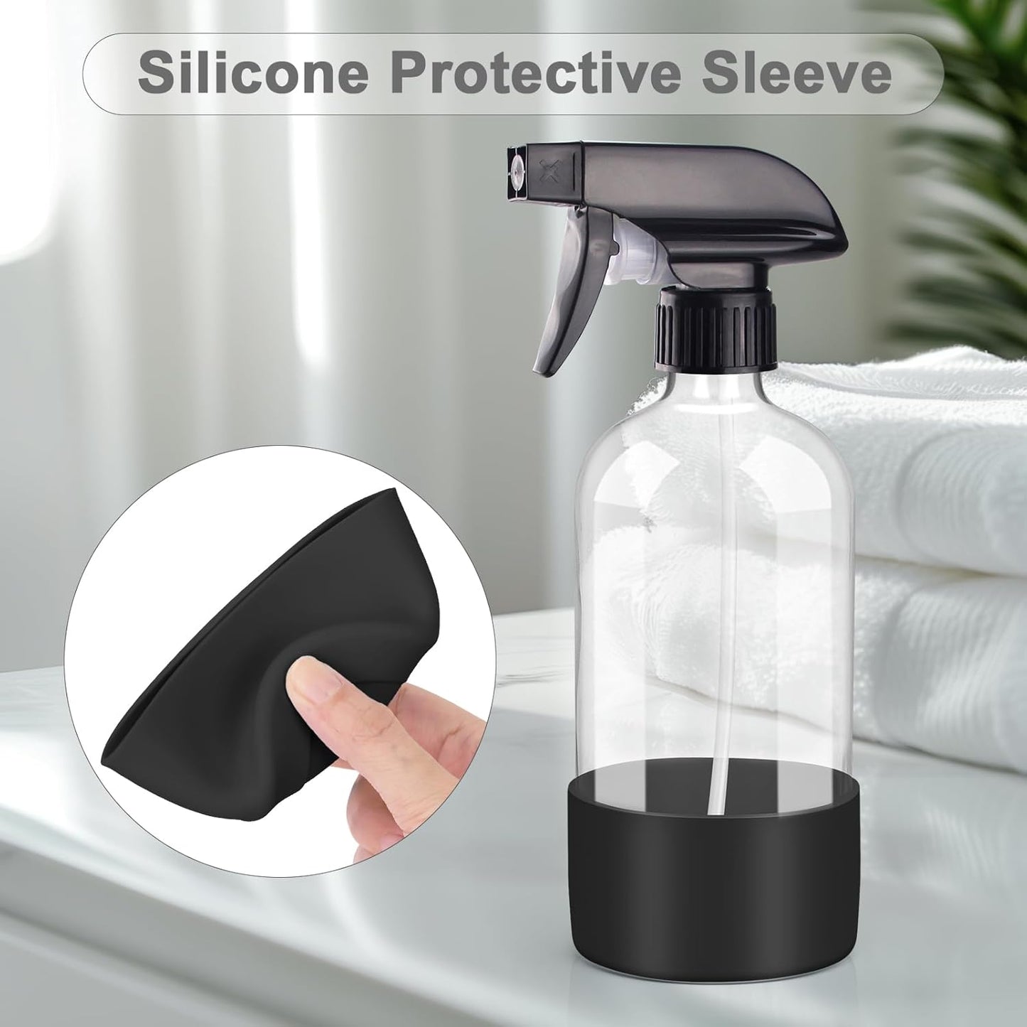 Worldgsb 2 Pack Glass Spray Bottles with Silicone Sleeve, 16 oz Empty Refillable Containers with Adjustable Spray Nozzles, Spray Bottles for Hair, Cleaning Solutions and Plants Blue&Grey