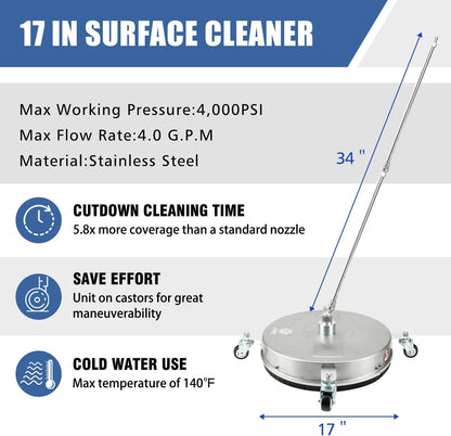 janz 14" Pressure Washer Surface Cleaner with 4 Wheels, Stainless Steel Housing, 1/4" Quick Plug, 2 Extension Wands, 2 Replacement Nozzles and 3 Spray Nozzles, 4000 PSI