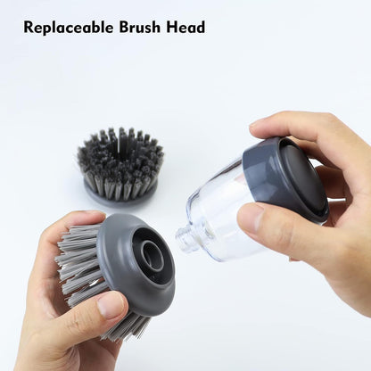 DAPOWER Dish Brush with Soap Dispenser, Kitchen Scrub Brush for Dishes Pots Pans Sink Cleaning, Dish Scrubber with Holder Set (Grey 2-Pack Combo Set)