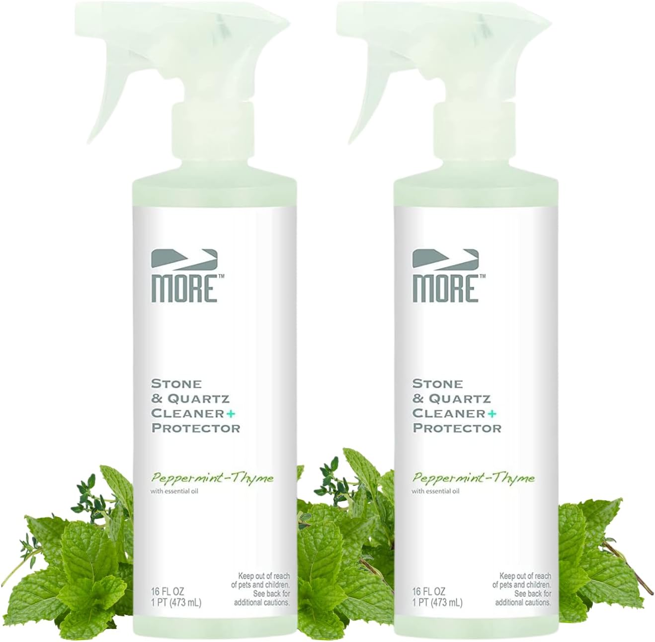 MORE Stone & Quartz Cleaner + Protector - Water-Based Surface Spray - Granite, Quartz & Marble Cleaner - For Kitchen & Bathroom Countertops & Floors - Peppermint-Thyme Essential Oil - Pint (16oz)