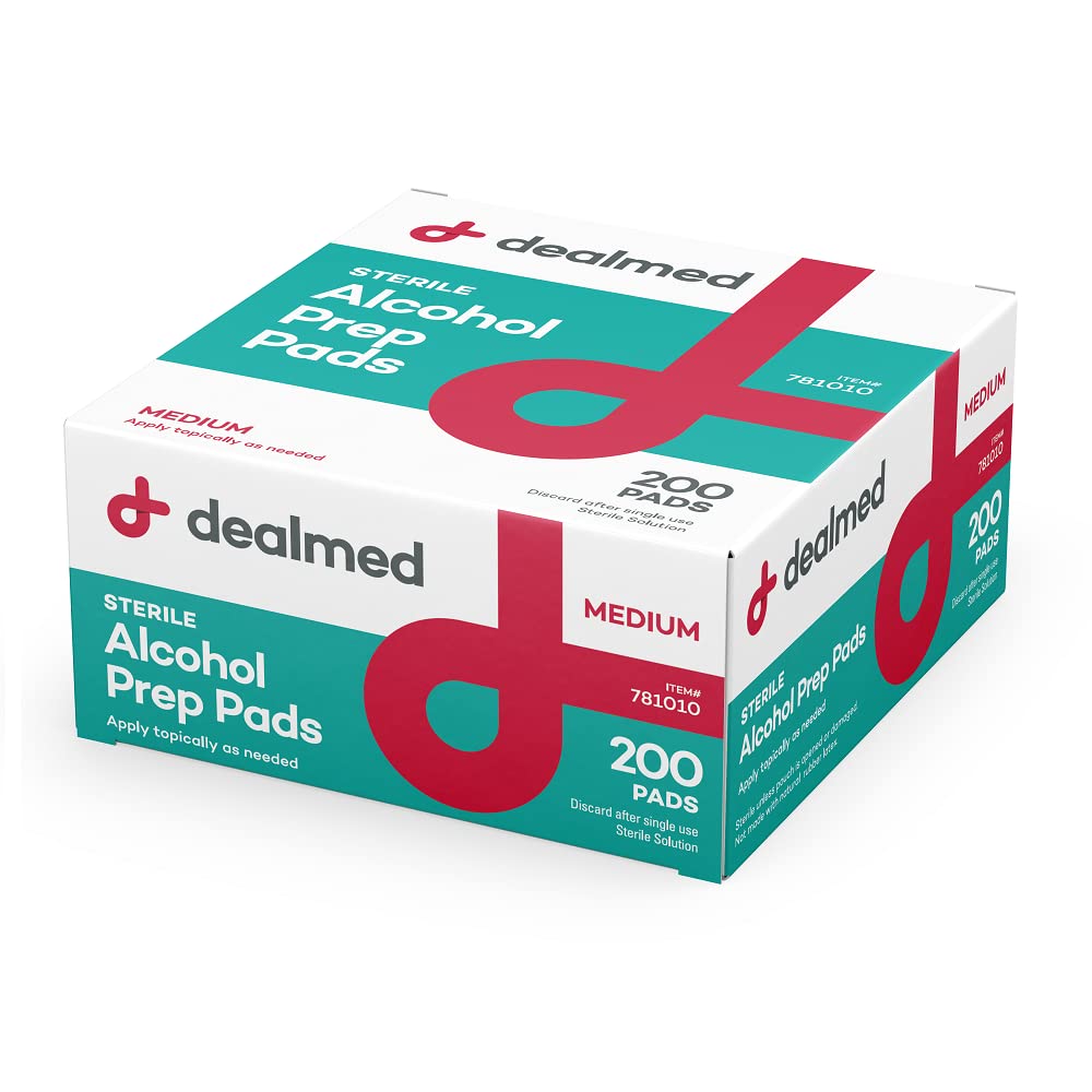 Dealmed 200 Sterile Alcohol Prep Pads Isopropyl Wipes Individually Wrapped Medium Square, 2-Ply for Cuts Scrapes and General Cleansing