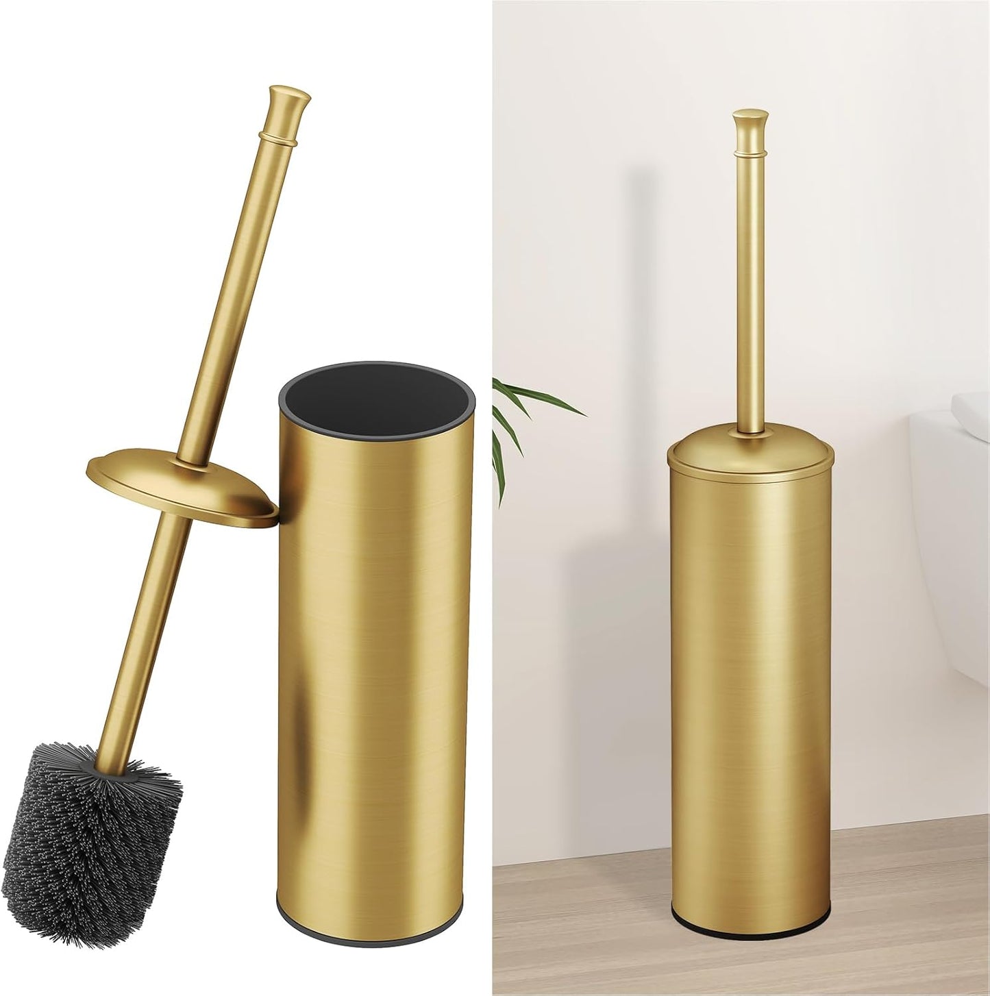 BESy Toilet Brush and Holder, Toilet Cleaner Bowl Set with Two Brush with Extra Long Handle, Durable Bristles Toilet Scrubber and Covered Holder, Drip-Proof Stainless Steel Oil Rubbed Bronze