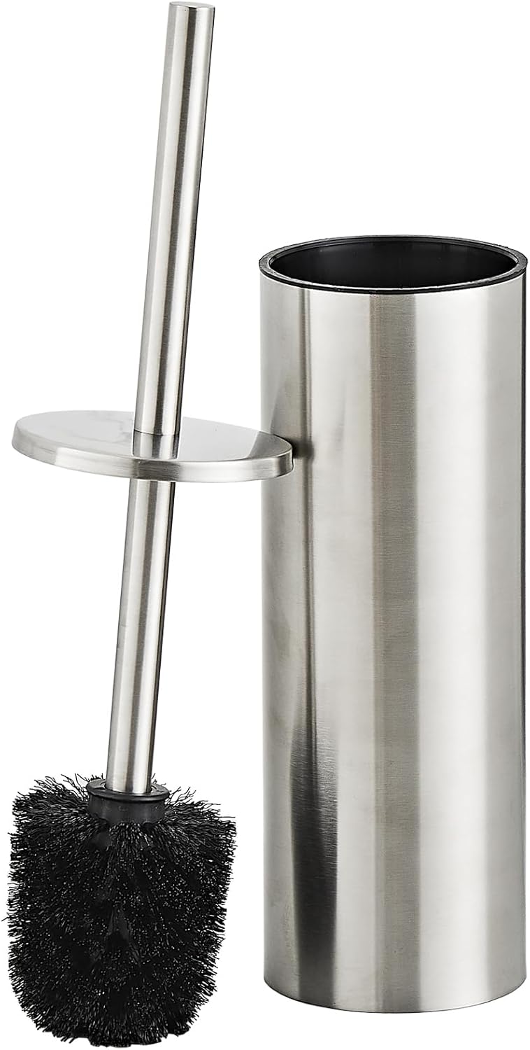 Brushed Gold Toilet Brush and Holder Set - Stainless Steel Toilet Bowl Scrubber with Replaceable Head & Splash Guard