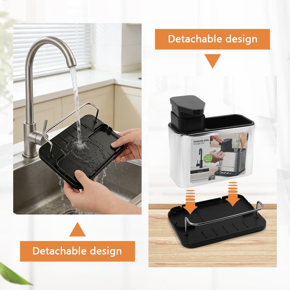 Soap Dispenser for Kitchen & Bathroom Sink, 3 in 1 Dish Soap Dispenser with Sponge Holder Dish Brush & Brush Holder, Stainless Steel Sink Caddy Organizer Kitchen Soap Dispenser Set Countertop