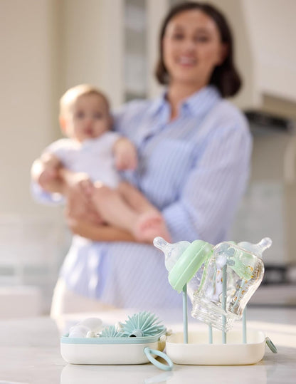 Momcozy Bottle Brush Set - Baby Bottle Cleaner Kit with Silicone Brush, Nipple Brush, Straw Brush, Soap Dispenser, Drying Rack - 7 in 1 Bottle Cleaning Tool for Home and Travel, Green